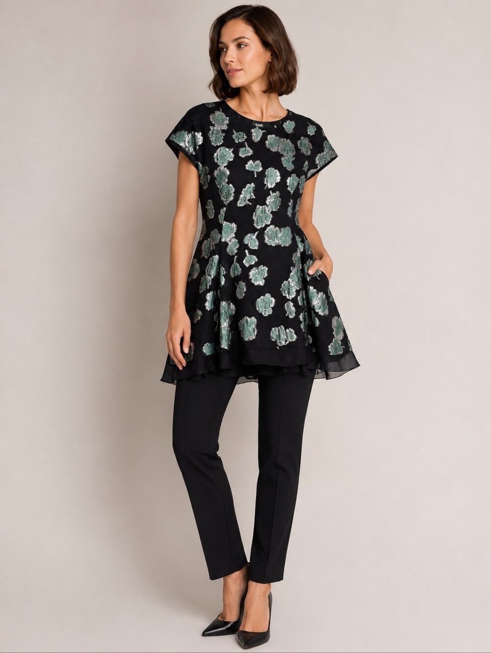 Lela Rose Silk Metallic Floral Peplum Tunic Top Green Black Size 12 NWT